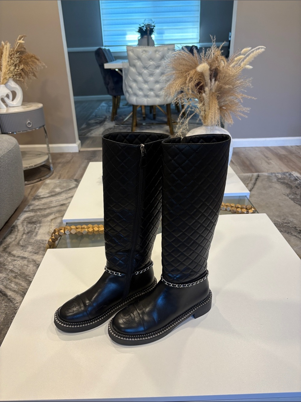 CHANEL Black Quilted Over-the-Knee Leather Boots with Chain Trim